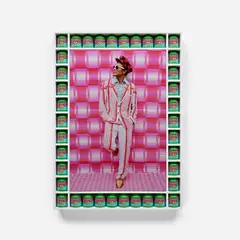 Hassan Hajjaj, Che Lovelace Standin', 2012, Lambda metallic print mounted to 3mm dibond, contained in the original custom artist's poplar frame with 38 HH Butterfly green tea boxes