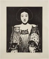 Nicolas Party, Portrait with Owls, 2023, Woodcut, on Gampi-shi paper, with full margins