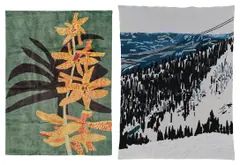 Yellow and Orange Orchid Clipping Rug; and Jackson Hole Wyoming Blanket by Jonas Wood, 2018 & 2021, One hand-knotted silk rug and one 100% cashmere blanket, sold Apr 2025