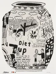 Diet 7Up Pot by Jonas Wood, 2016, Screenprint in colors on Stonehenge paper, dedicated in green crayon verso 'Jean Peace and Love JBPW', sold Apr 2025