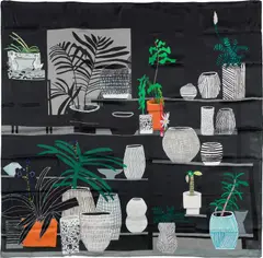 Black Still Life by Jonas Wood, 2013, 100% silk scarf with hand-sewn hems with accompanying archival tissue envelope, sold Apr 2025