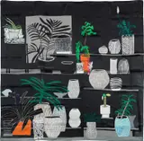 Black Still Life by Jonas Wood, 2013, 100% silk scarf with hand-sewn hems with accompanying archival tissue envelope, sold Apr 2025