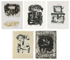 Adja Yunkers, Untitled (Salt I-V) (T. 158, 160 164, 165 & 168), 1960, The complete set of five lithographs, four in colors, on Japon nacré paper, the full sheets and with full margins