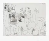 Pablo Picasso, Jeune seigneur fantoche avec un reître et deux femmes nues (Young Puppeteer with a Rider and Two Naked Women), plate 254 from Série 347 (Bl. 1734, Ba. 1751), 1968, Etching, on Rives BFK paper, with full margins
