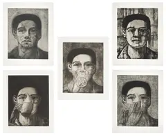 Aaron Fink, Large Head; Large Head; Martini Drinker; Coffee Drinker; and Smoker, from Large Head Series, 1984-85, Five etchings, on wove paper, with full margins