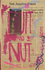 Laura Owens, Untitled, 2011, Screenprint in colors with hand-additions in blue paint and pink Flashe vinyl paint, on newsprint, mounted to magenta Fabriano paper (as issued), the full sheet