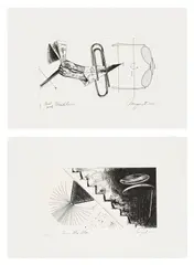 Headlines; and Toy on the Stair, from Six Etchings Suite (G. 97 & 100) by James Rosenquist, 1976, Two etchings, one in colors and with pochoir, on Pescia Italia paper, with full margins, sold Jun 2025