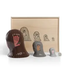 Julie Curtiss, Nesting Dolls, 2021, The complete set of four glazed ceramic multiples in colors, all contained in the original foam-lined wooden box with screenprinted lid