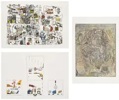 Öyvind Fahlström, Rulle (Suggestions for the Cold War); Phase 3 of Sitting: Five Panels; and Africa Model, 1974, Three screenprints in colors, on wove paper, with full margins