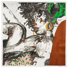 Khari Turner, Rest and Wellness, 2022, Screenprint with extensive hand-coloring in charcoal, wax pastels, wood veneer and paint mixed with sand, on heavy board, with full margins