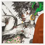 Khari Turner, Rest and Wellness, 2022, Screenprint with extensive hand-coloring in charcoal, wax pastels, wood veneer and paint mixed with sand, on heavy board, with full margins