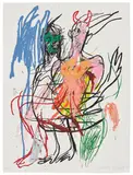 Cristina de Miguel, Two figures in the wind, 2022, Screenprint in colors with hand-coloring in oil stick, on Coventry Rag paper, the full sheet
