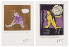 Werner Büttner, On Eternal Good Questions and Fleshy Hearts; and Blessed is He Who Knows His Address, from Desastres de la Democracia (Disasters of Democracy), 1989, Two mixed media drawings with gouache, ink and graphite, on wove paper, one with blockprinting, mounted to wove paper (as issued)