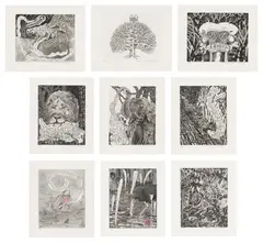 Bye and Bye (Nine Sad Etchings) by Trenton Doyle Hancock, 2002, The complete set of nine etchings, seven with hand-coloring in red, on Twinrocker handmade paper, with full margins, wit, sold Jun 2025