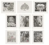 Trenton Doyle Hancock, Bye and Bye (Nine Sad Etchings), 2002, The complete set of nine etchings, seven with hand-coloring in red, on Twinrocker handmade paper, with full margins, with title page and colophon, all loose (as issued), all contained in the original artist-designed black cloth-covered portfolio