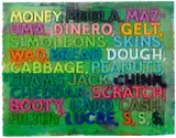 Mel Bochner, Money, 2012, Unique monoprint with collage, engraving, embossing and oil paint in colors, on handmade and hand-dyed Twinrocker paper, the full sheet