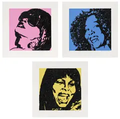 Mickalene Thomas, Trois Divas (AEIOU and sometimes Y), 2009, The complete set of three screenprints in colors with hand-applied rhinestones, on Museum Board, with full margins