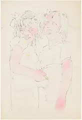 Two Girls Laughing by Andy Warhol, 1954, Offset lithograph with hand-coloring in watercolor, on wove paper, with full margins, sold Oct 2025