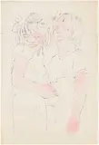 Andy Warhol, Two Girls Laughing, 1954, Offset lithograph with hand-coloring in watercolor, on wove paper, with full margins
