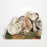 Claes Oldenburg, Miniature Soft Drum Set (S. 1969.06, P. 12, A. & P. 61), 1969, Screenprint on canvas, wash-line, wood and spray painted multiple, with accompanying screenprinted wove paper-covered wood base (as issued)