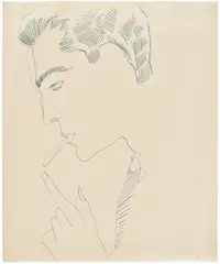 Man Smoking a Cigarette by Andy Warhol, circa 1955-56, Unique blue ink drawing, on wove paper, sold Oct 2025