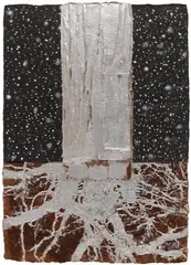 Leonardo Drew, 61P, 2017, Pigmented and printed handmade paper in colors with collage and silver ink, the full sheet