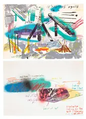 Michael Heizer, 45°, 90°, 180°; and Dragged Mass (T. 233 & 235), 1983, Two lithograph, screenprint and etchings in colors, one with stamping, on TGL handmade paper, the full sheets