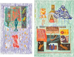 David Salle, Long and High; and Fast and Slow, from High and Low, 1994, Two lithograph and woodcuts in colors, on two sheets of TGL handmade paper, the full sheets