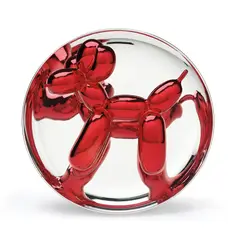 Balloon Dog (Red) by Jeff Koons, 1995, Porcelain multiple painted in chrome, with original plastic stand, sold Oct 2025