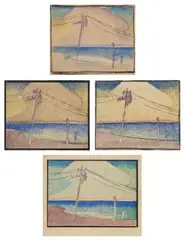 [Beach with Utility Pole] by Juliette Nichols, circa 1915, Four unique woodcuts in colors with hand-coloring (one extensive), on wove paper, with margins, sold Apr 2025
