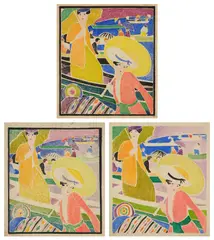 Juliette Nichols, [Two Women with Umbrellas and Figures in Boats], 1915, Three unique white-line woodcuts in colors with hand-coloring (one extensive), two on laid and one on wove paper, with margins