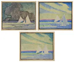 [Sailboats on the Water] by Juliette Nichols, circa 1915, Three unique white-line woodcuts in colors, on laid paper, with margins, all unframed, sold Apr 2025