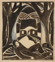Juliette Nichols, [Figure Laying Under Trees], circa 1915, Unique ink and graphite drawing, on wove paper, unframed