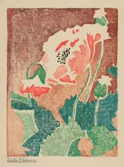 Juliette Nichols, [Red and Green Poppy], circa 1915, Unique white-line woodcut in colors, on laid paper, with margins