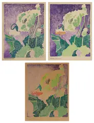 Juliette Nichols, [Green and Purple Poppy], circa 1915, Three unique white-line woodcuts in colors, on laid paper, with margins