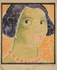 Juliette Nichols, [Woman with Beaded Necklace], circa 1921, Unique white-line woodcut in colors, on laid paper, with margins