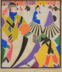 Juliette Nichols, [Skating], 1916, Unique white-line woodcut in colors, on wove paper, with margins
