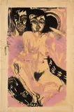 Melancholie. - Nackte Frau. - Selbstbildnis mit Erna (Melancholy. - Naked Woman. - Self-Portrait with Erna) (S. H465, D. H480, G. 1288/I.a (Bd. V)) by Ernst Ludwig Kirchner, 1922, Woodcut with monotype coloring in black, mauve and red, on buff wove paper, with full margins, offered Apr 2025