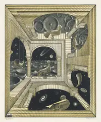 Other World (B. 348) by M. C. Escher, 1947, Wood engraving and woodcut in colours, on thin Japan paper, with margins, sold Apr 2025