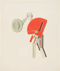 El Lissitzky, Ansager, plate 2 from Die Plastische Gestaltung der Elektro-Mechanischen Schau 'Sieg über die Sonne' (Announcer, plate 2 from The Three-Dimensional Design of the Electro-Mechanical Show 'Victory over the Sun') (G. 56, E. 62), 1920-21, Lithograph in colors, on machine-made wove paper, with full margins