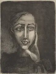 Pablo Picasso, Françoise sur fond gris (Francoise on Grey Background) (Bl. 681, M. 195), 1950, Lithograph, on gray-blue laid Ingres Canson paper, the full sheet