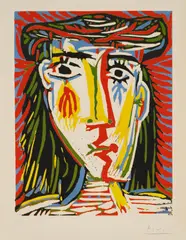 Pablo Picasso, Jacqueline au chapeau de paille (Jacqueline with the Straw Hat) (Bl. 1073, Ba. 1281), 1962, Linocut in colors, on Arches paper, with full margins