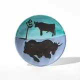 Toros (Bulls) (A.R. 161) by Pablo Picasso, 1952, White earthenware round plate painted in colors with partial brushed glaze; ceramic, Madoura edition, sold Apr 2025