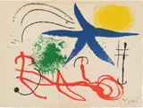 Carte de voeux de Joan and Pilar Miró (Greeting Card from Joan and Pilar Miró) (M. 458b) by Joan Miró, 1965, Lithograph in colors, on Arches paper, the full sheet, folded (as issued), sold Apr 2025