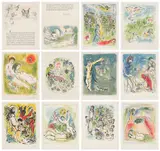 Marc Chagall, Sur la terre des Dieux (In the Land of the Gods) (M. 529-540, C. bks 72), 1967, The complete set of 12 lithographs in colors, two with text, on Arches paper, with full margins, all loose (as issued), contained in the original paper folders with printed titles, with title page, text in French by Robert Marteau and justification, all contained in the original beige cloth-covered portfolio