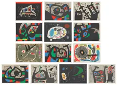 Joan Miró, Le Lézard aux plumes d'or (The Lizard with Golden Feathers) (M. 789-828, C. bks 148), 1971, The deluxe set of 15 lithographs in colors, on Rives BFK paper watermarked Miro , with full margins, with title page, numbering page, text in French and justification, all folded and loose (as issued), with the additional suite of 13 lithographs in colors, on Japon Kochi paper, with full margins, lacking the suite on parchment, all contained in the original vellum covered portfolio case with printed title in silver