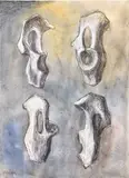 Henry Moore, Bone Forms (H.M.F. 82(119), G. 82.115), 1982, Unique ballpoint pen, wax crayon, charcoal, chinagraph, and watercolor wash drawing, on wove paper