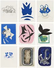 Georges Braque, Si je mourais là-bas (If I Died There) (V. 181), 1962, The complete deluxe set of 18 woodcuts, including 12 in colors and some with wood engraving, on handmade rag paper watermarked LB , with full margins, all loose and folded (as issued), with the additional suite of 19 signed and numbered woodcuts, on Japon nacré, with full margins, all loose and some folded (as issued), with text by Guillaume Apollinaire, table of contents, title page and justification, all contained in the two original gray paper-covered folios and slipcase with red cutout adhered to the cover