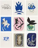 Georges Braque, Si je mourais là-bas (If I Died There) (V. 181), 1962, The complete deluxe set of 18 woodcuts, including 12 in colors and some with wood engraving, on handmade rag paper watermarked LB , with full margins, all loose and folded (as issued), with the additional suite of 19 signed and numbered woodcuts, on Japon nacré, with full margins, all loose and some folded (as issued), with text by Guillaume Apollinaire, table of contents, title page and justification, all contained in the two original gray paper-covered folios and slipcase with red cutout adhered to the cover