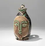 Femme du barbu (Bearded Man's Wife) (A.R. 193) by Pablo Picasso, 1953, White earthenware turned pitcher painted in colors with partial brushed glaze; ceramic, Madoura edition, sold Oct 2025